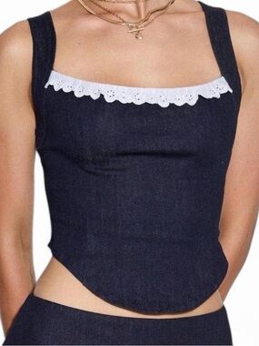 Motel Kayatra Corset Top In Chambray Indigo with lace trim
